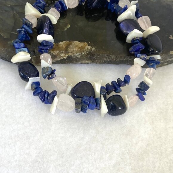 Sterling Silver 925 Sodalite Quartz MOP Blue Goldstone Beaded Necklace 17.5" - Picture 7 of 16